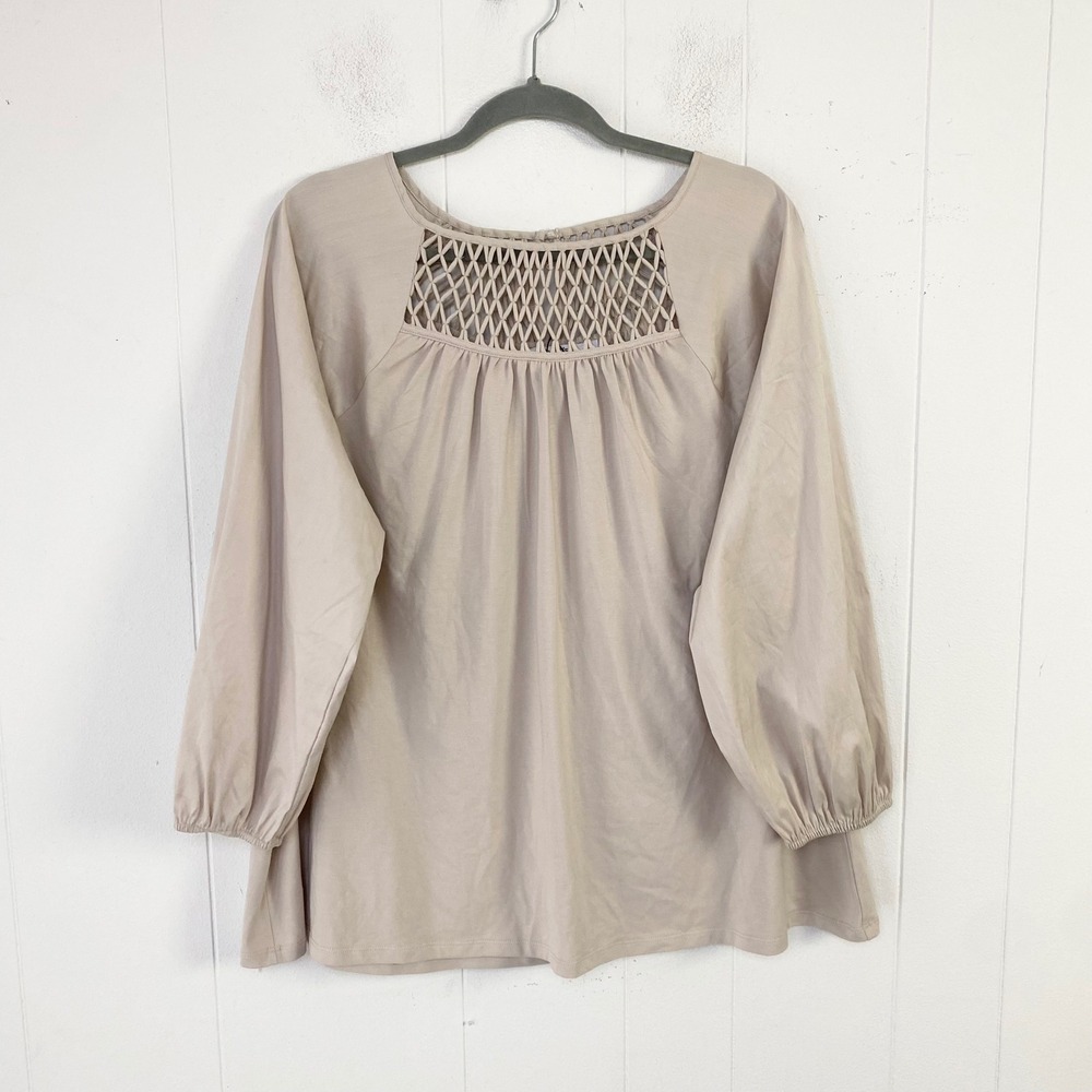 Chico's Beige Macrame Lattice Neck Blouse Long Sleeve Cotton Blend Top Sz 4 XXL